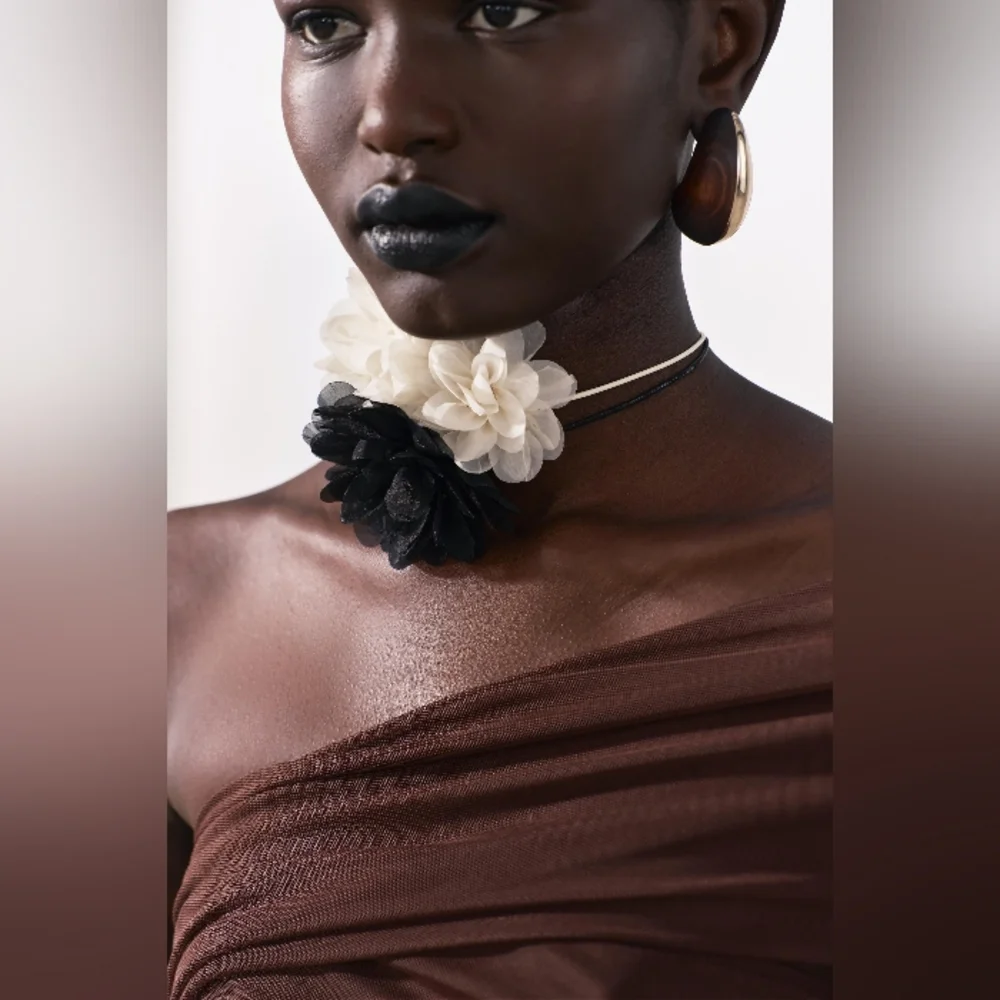 NEW Zara Cream Ecru Corded Collar Flowers Necklace Choker - Picture 2 of 7